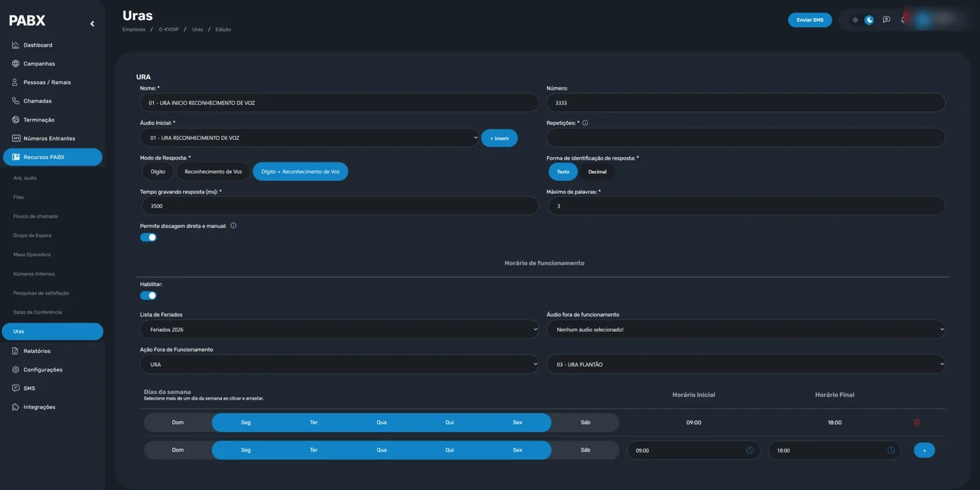 Configuração de URA no PABX KVOIP com modo de resposta por dígito e reconhecimento de voz, horário de funcionamento, lista de feriados e ação fora do horário